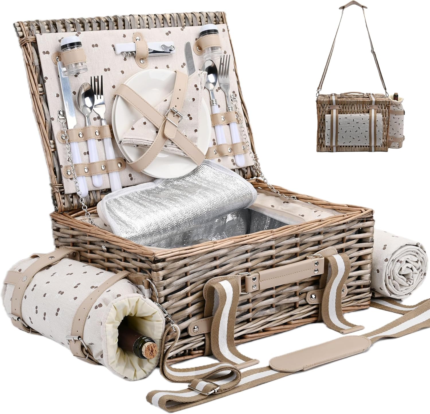 19Pcs Picnic Basket Set for 2 with Insulated Liner and Blanket