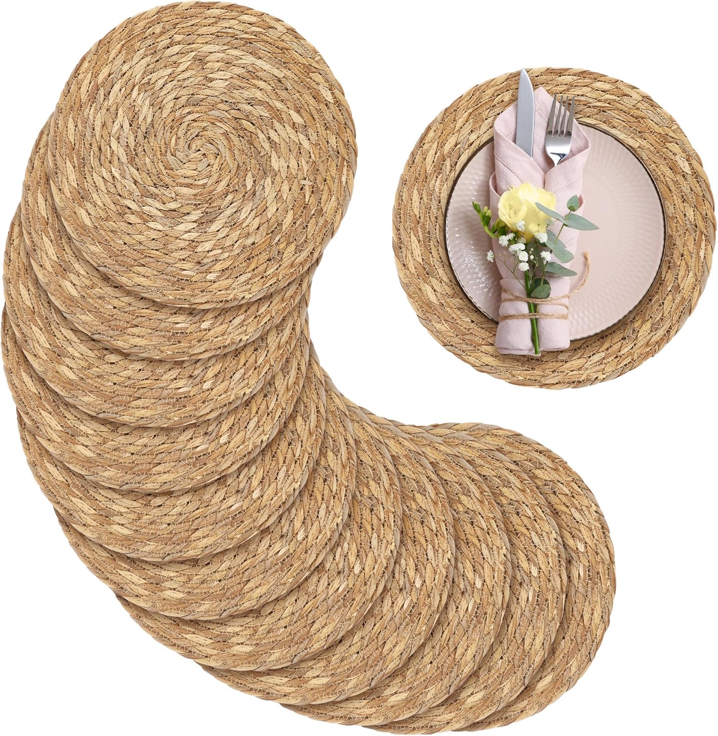 Natural Hand-Woven 13.8-Inch Round Placemats for Dining Decor