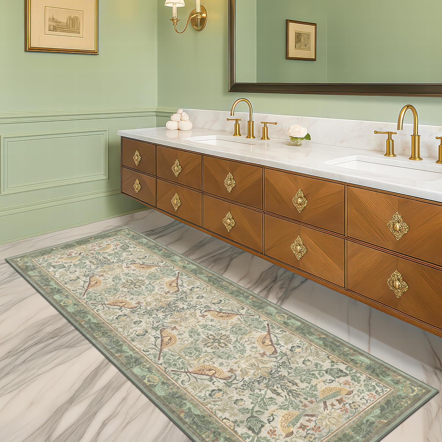 Boho Long Bathroom Runner Rug 2x6 - Vintage Floral Design