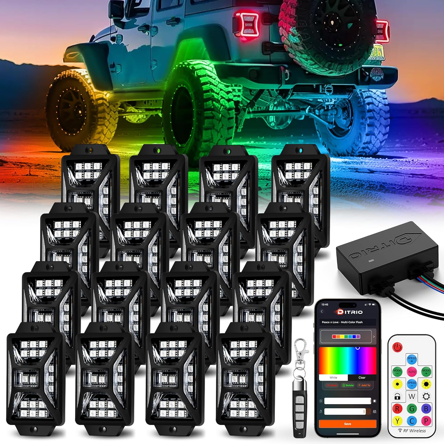 16 Pods RGB Rock Lights for Trucks Jeep UTV ATV Golf Cart