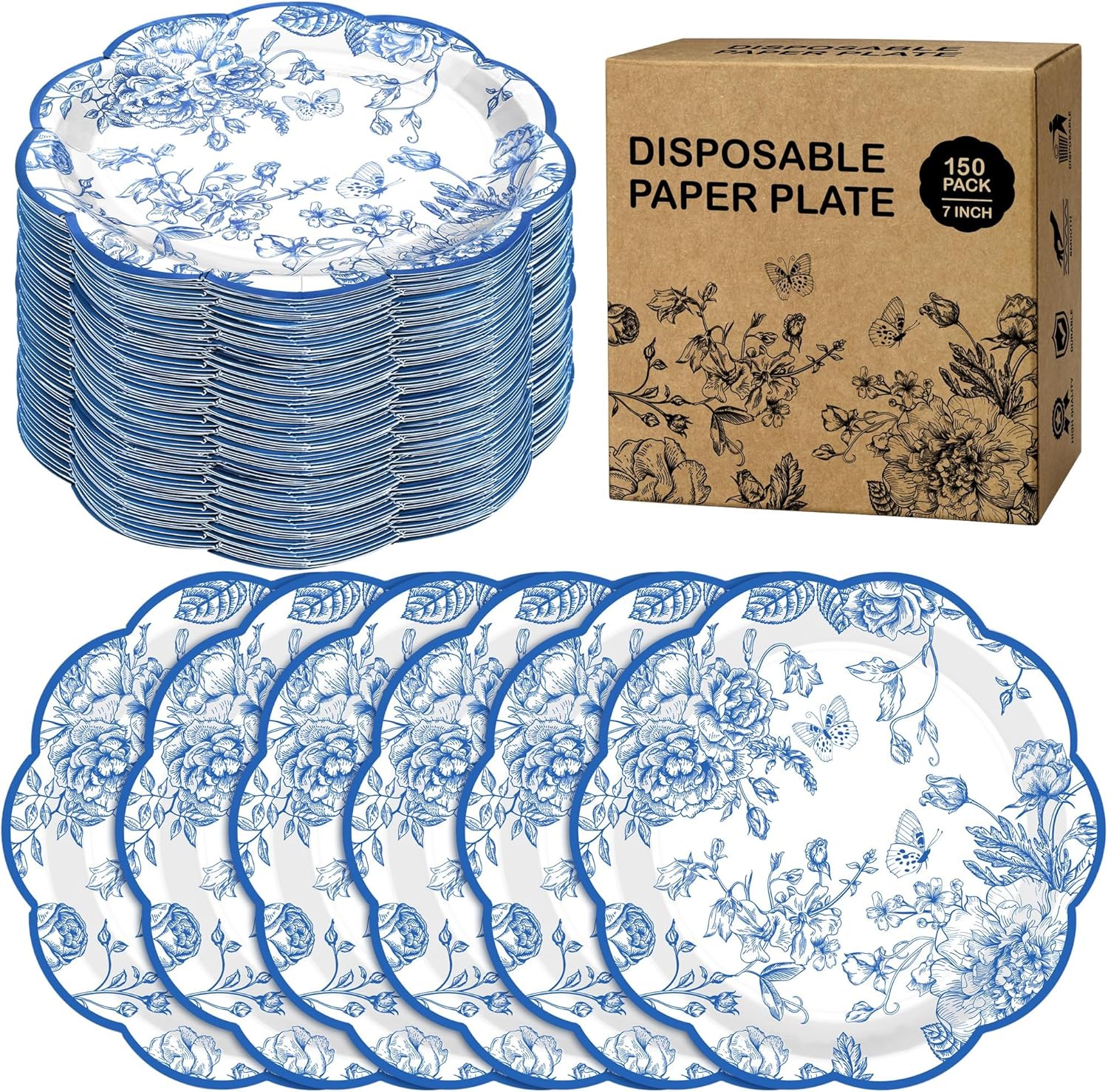 150 Blue Flower Paper Plates for Elegant Party Decor Supplies