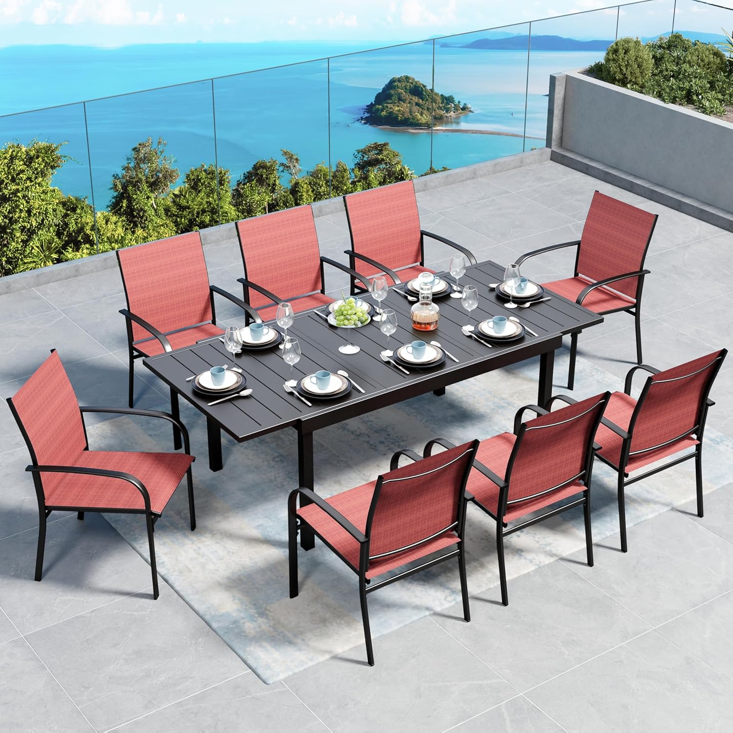 Outdoor Red Dining Chairs Set for 8 with Extendable Table