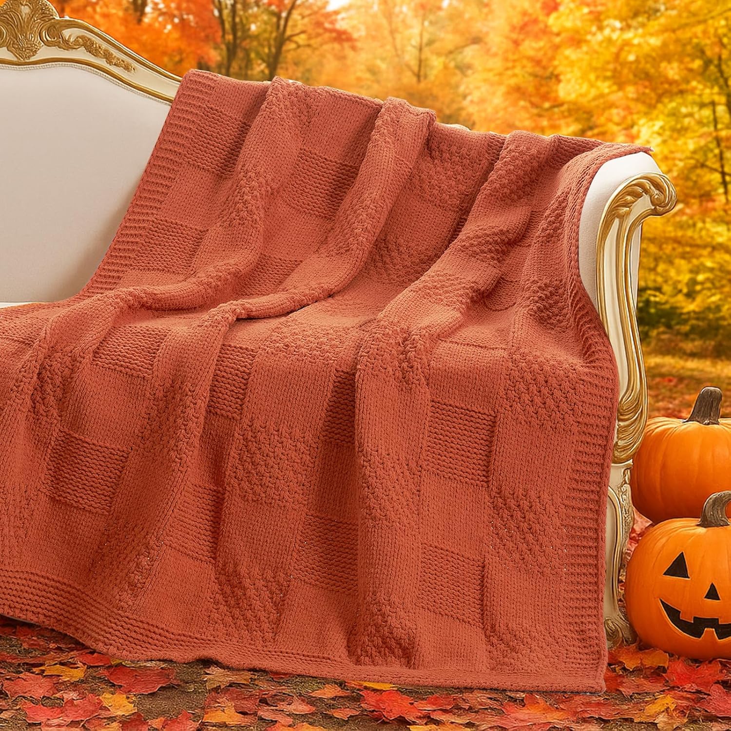 Checkered Chenille Knit Throw Blanket for Couch & Sofa