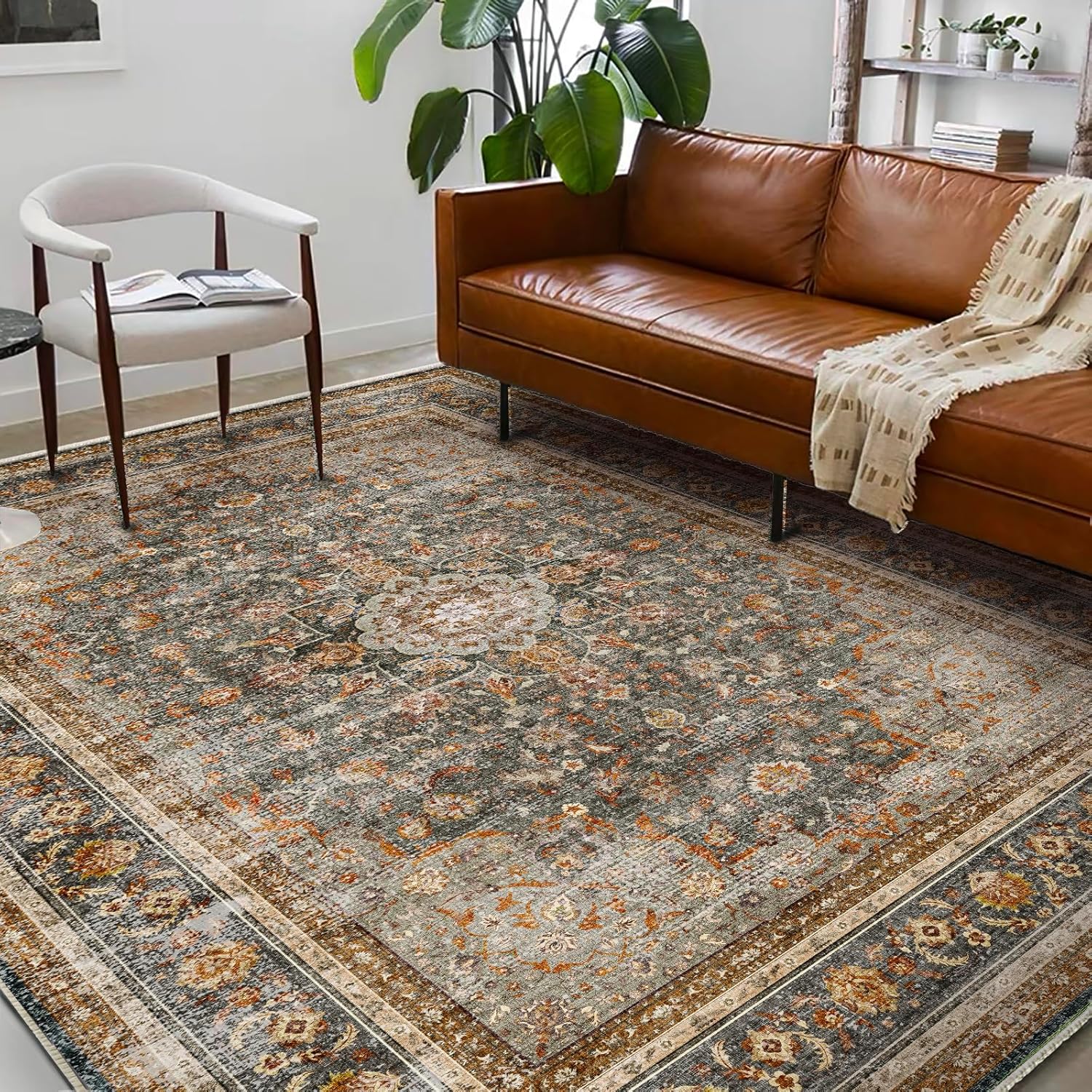 Washable Area Rug 9ftx12ft Retro Boho Design for High Traffic