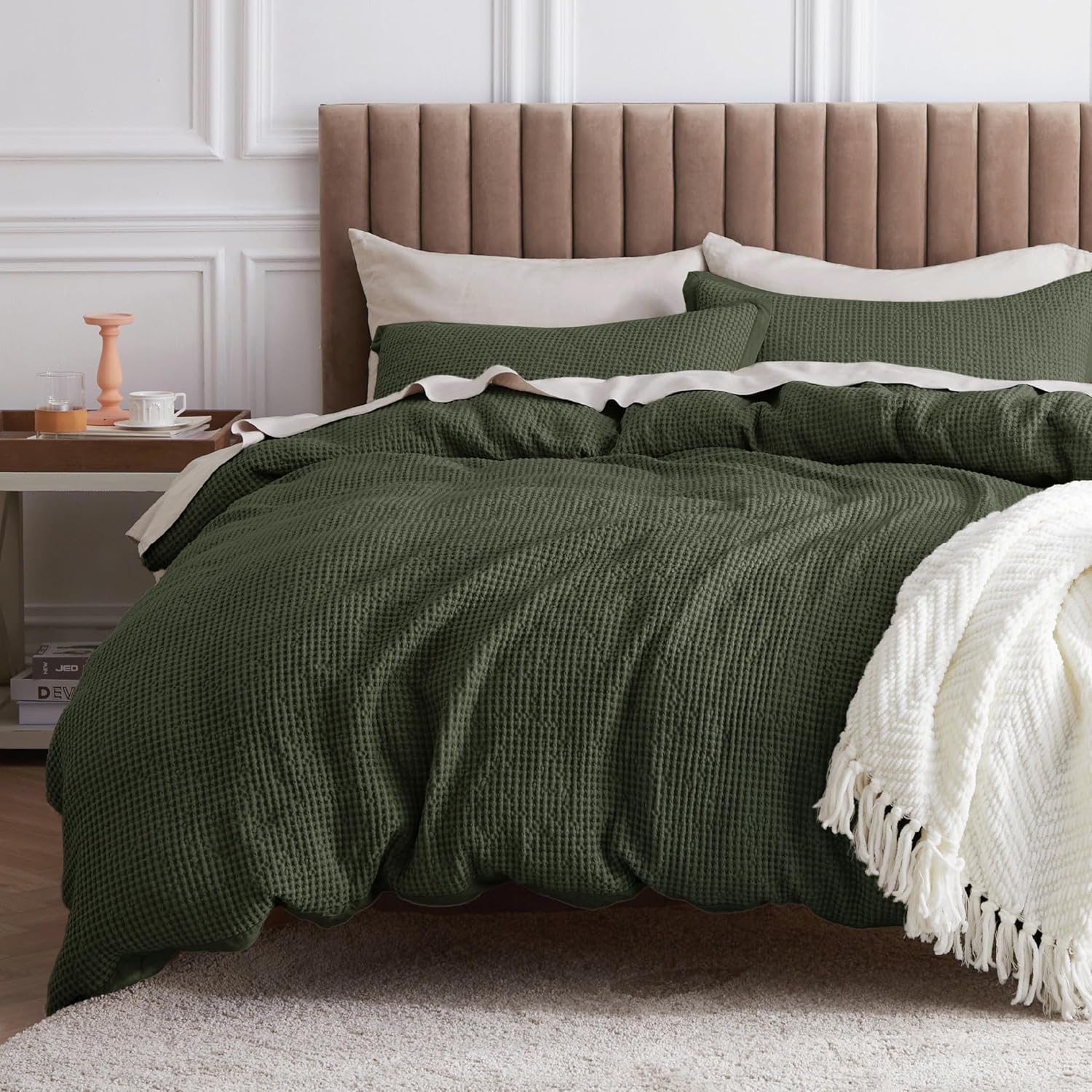 Bedsure Cotton Duvet Cover Queen - Olive Green Waffle Weave Set