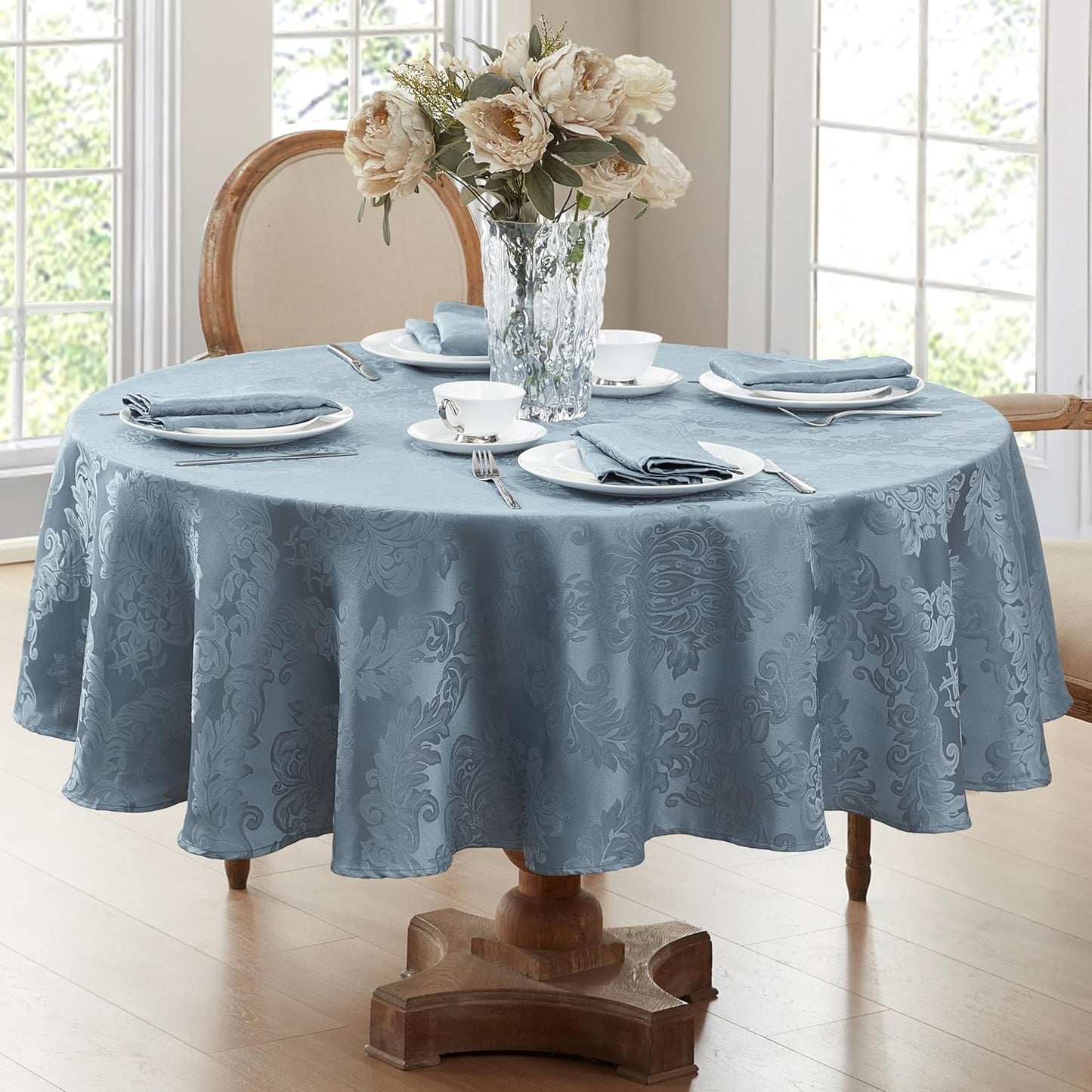 Barcelona Damask Fabric Tablecloth, 90 Inch Round, Blue