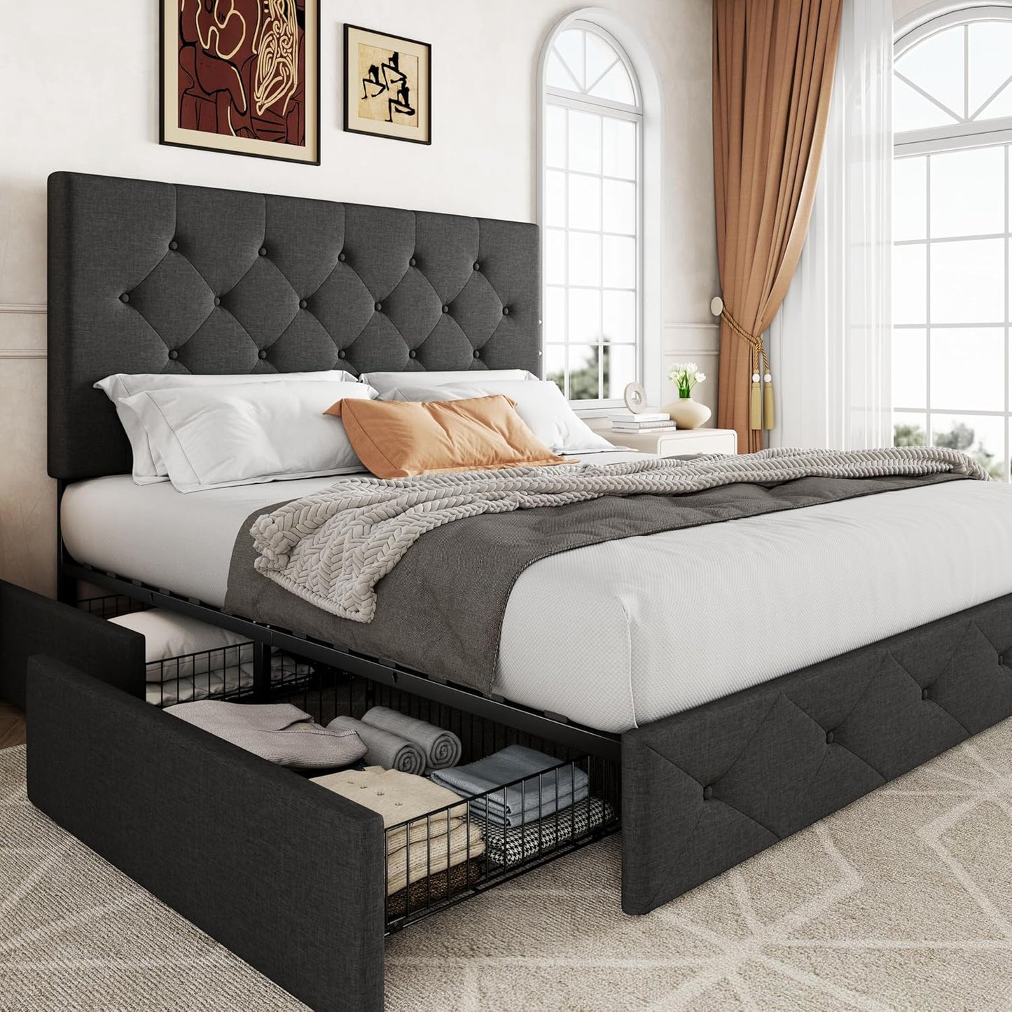 Allewie Upholstered Full Size Platform Bed Frame with Storage
