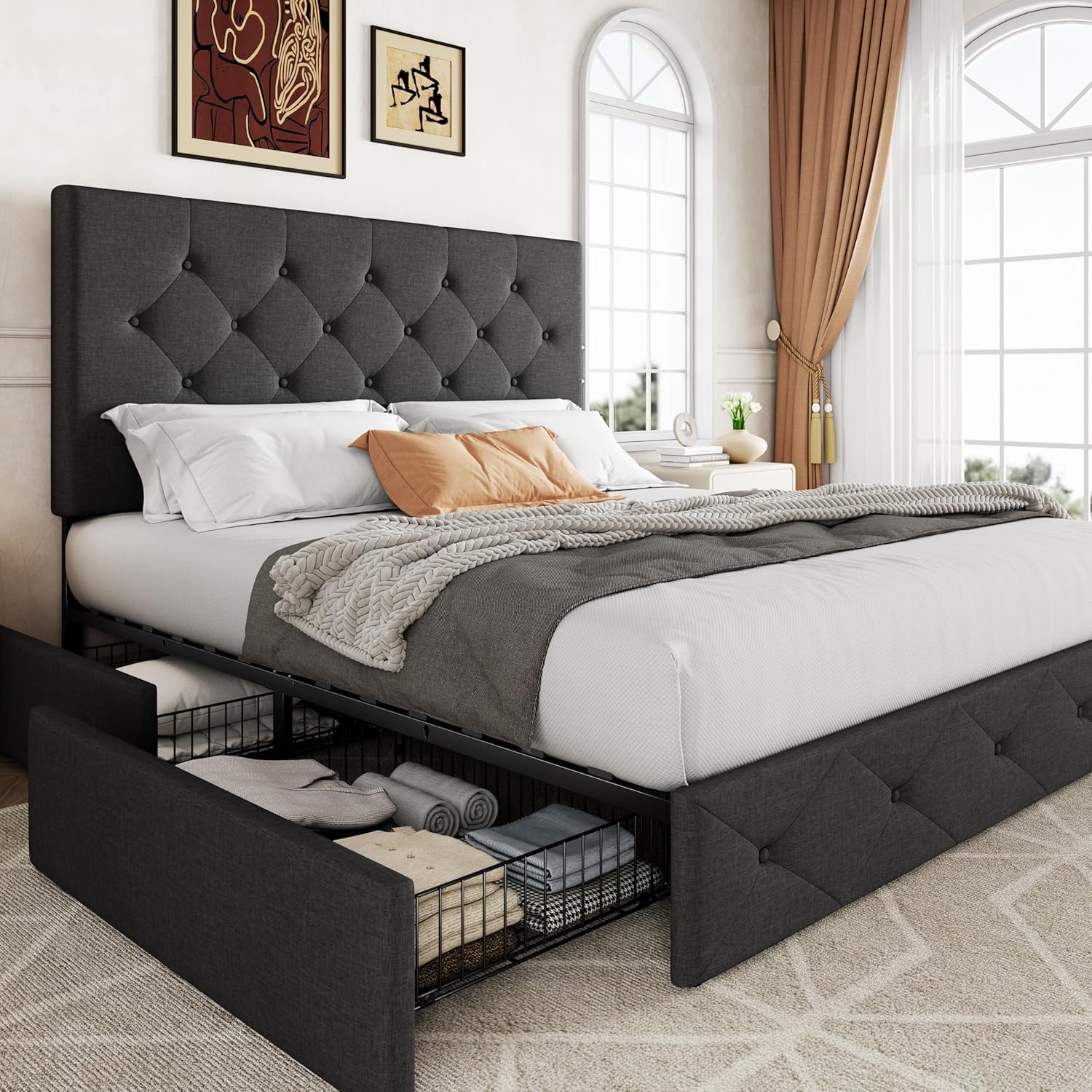 Allewie Upholstered Full Size Platform Bed Frame with Storage