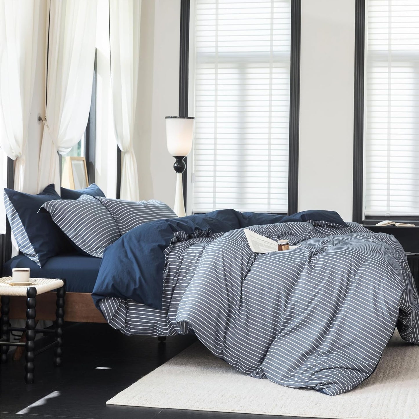 Reversible Duvet Cover Set in Navy Stripe for King Size Beds