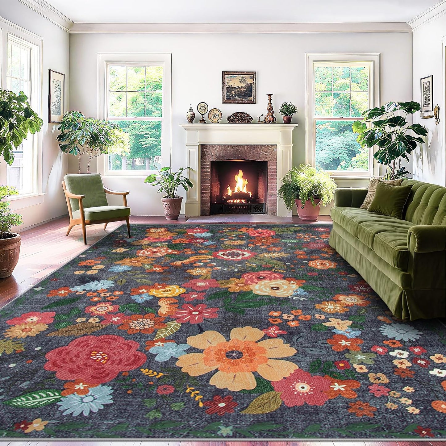 Vintage Floral 6x9 Washable Area Rug for Living Room Decor