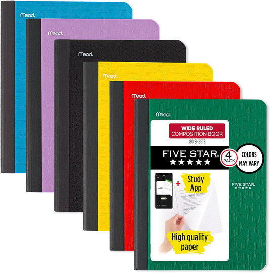5 Star Composition Books + Study App, 4 Pack, Wide Ruled, 80 Sheets