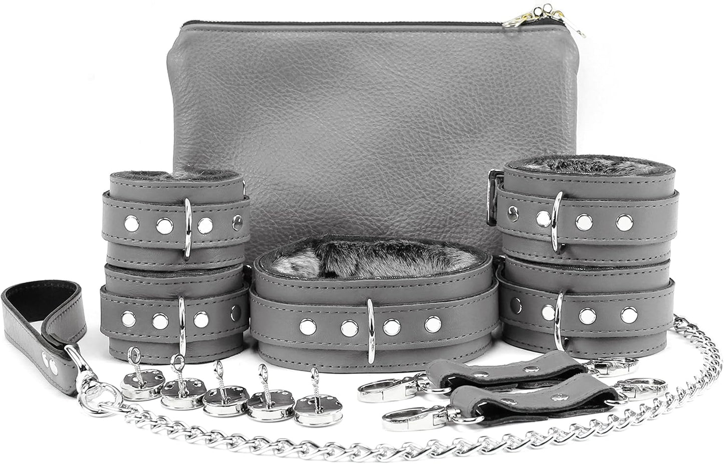 Barcelona 7-Piece Set Chic Top Grain Leather Cuffs and Leash