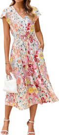 BerryGo Women's Floral Boho Ruffle Summer Midi Dress - Flowy V Neck