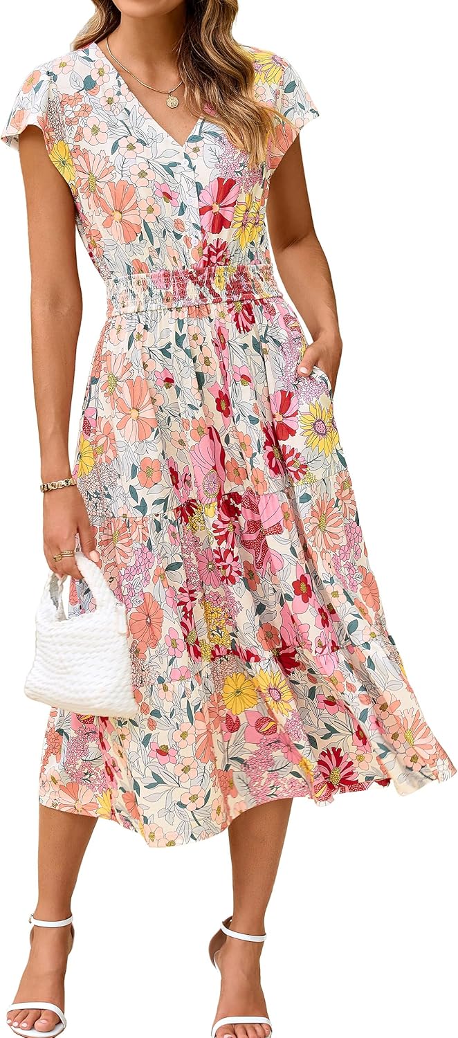 BerryGo Women's Floral Boho Ruffle Midi Dress for Summer Fun
