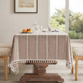 Hemstitched Embroidery Striped Boho Tablecloth 60x104 in Taupe