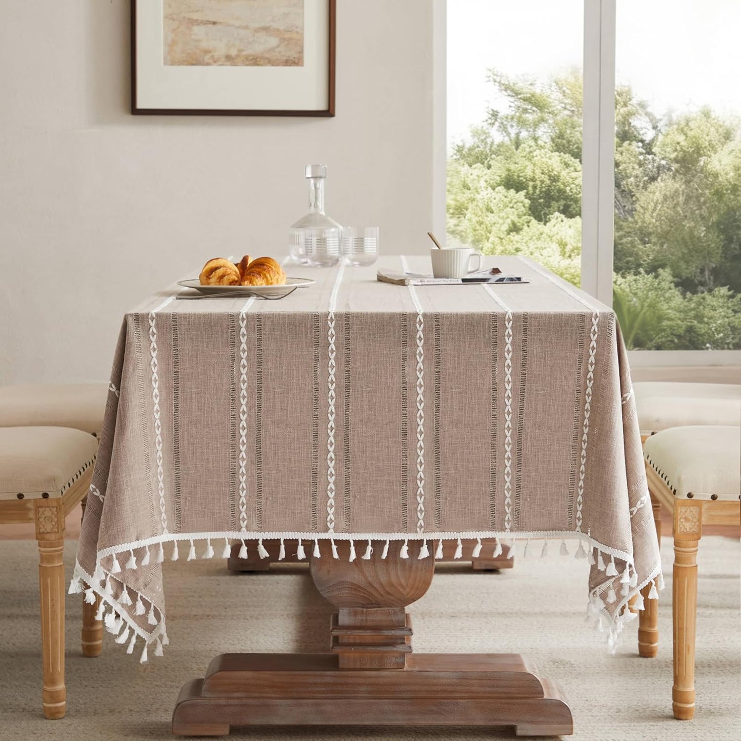 ZeeMart Hemstitched Embroidery Striped Boho Tablecloth 60x120 in