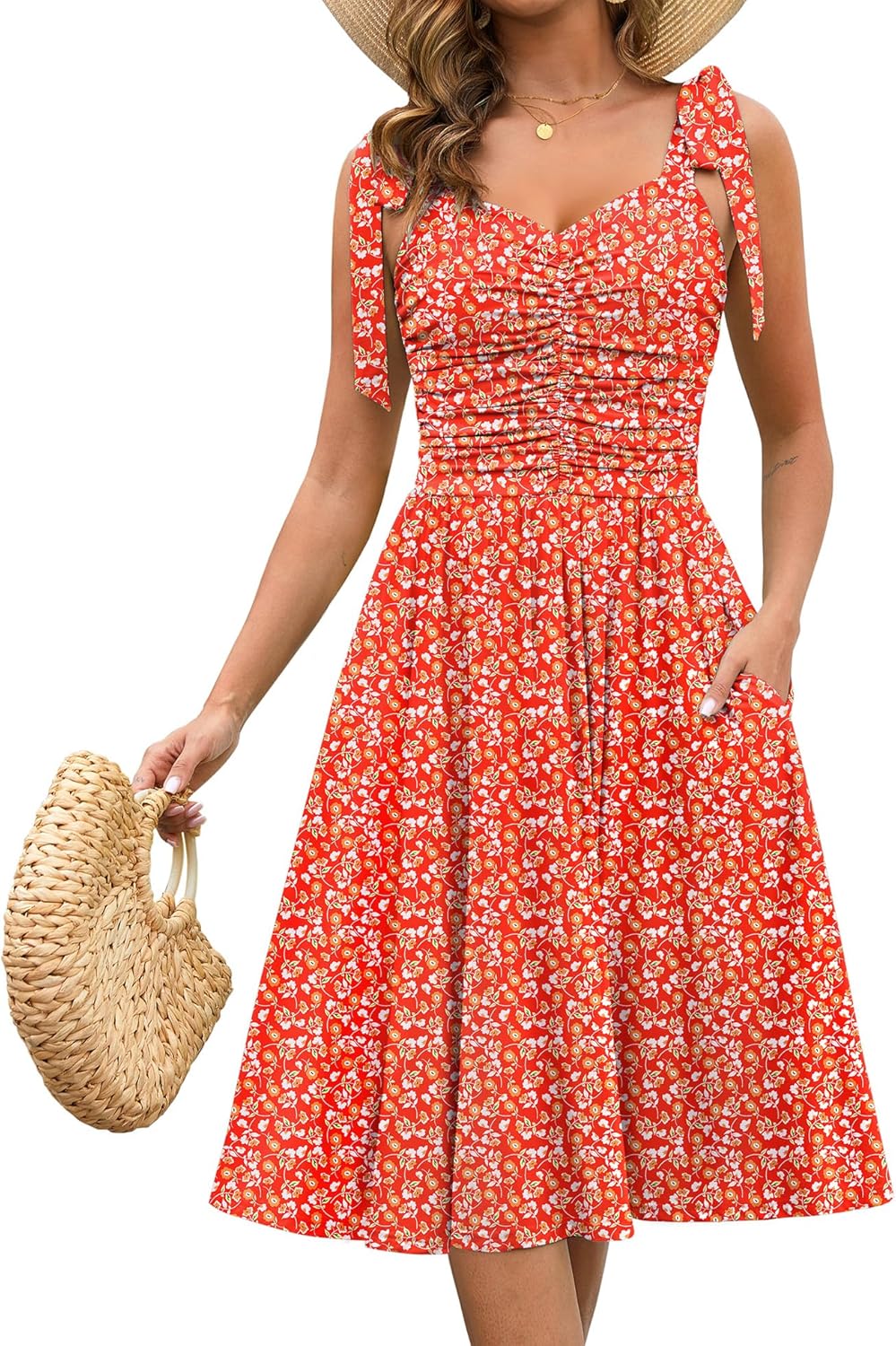 Kranda Women Summer Fall Ruched Midi Dress with Pockets