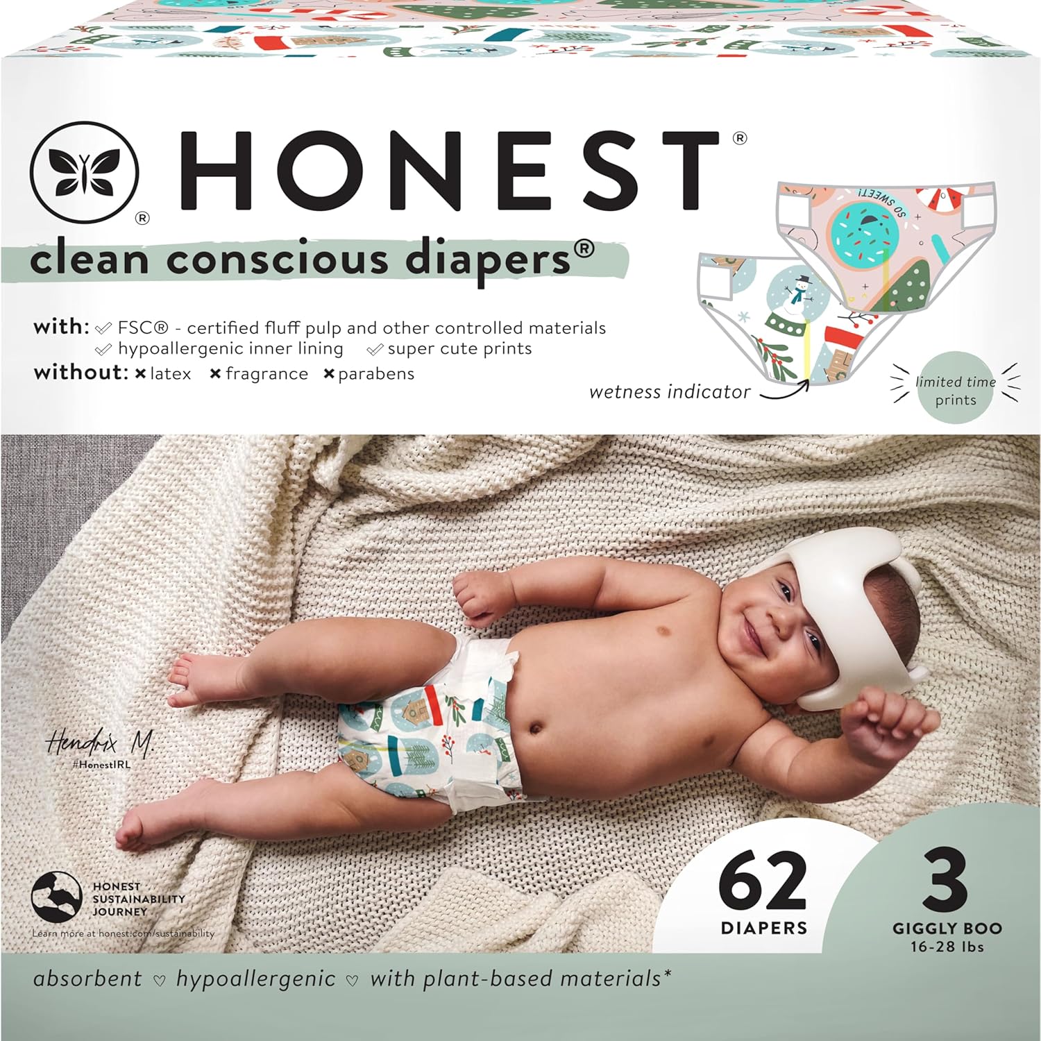 Honest Co. Winter '24 Diapers | Plant-Based & Sustainable | Size 3, 62ct