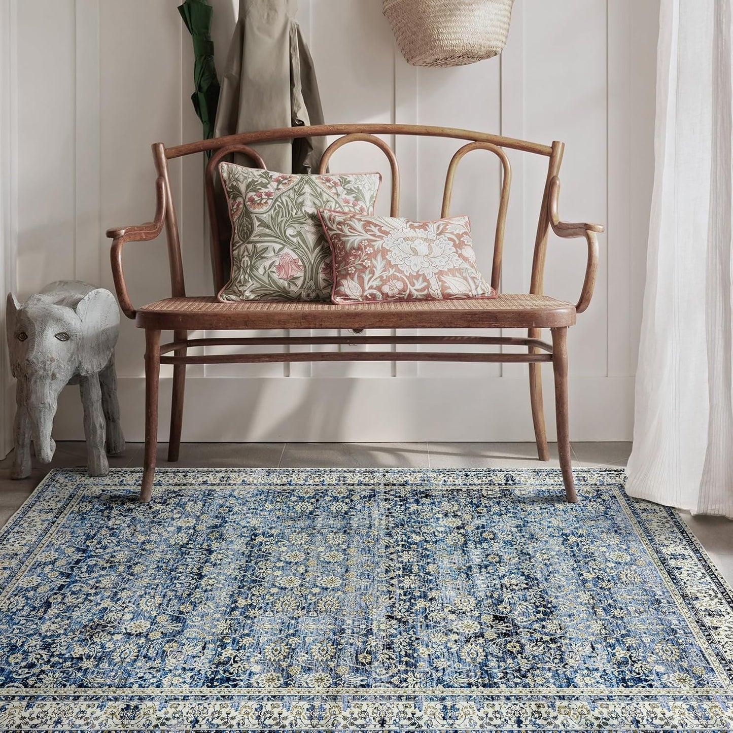 Blue Vintage Design Floral Area Rug for Living Room and Bedroom