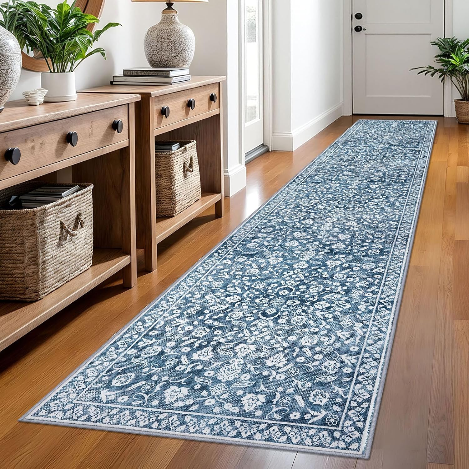 Vintage 2.6x12 Hallway Runner - Blue and White Floral Design