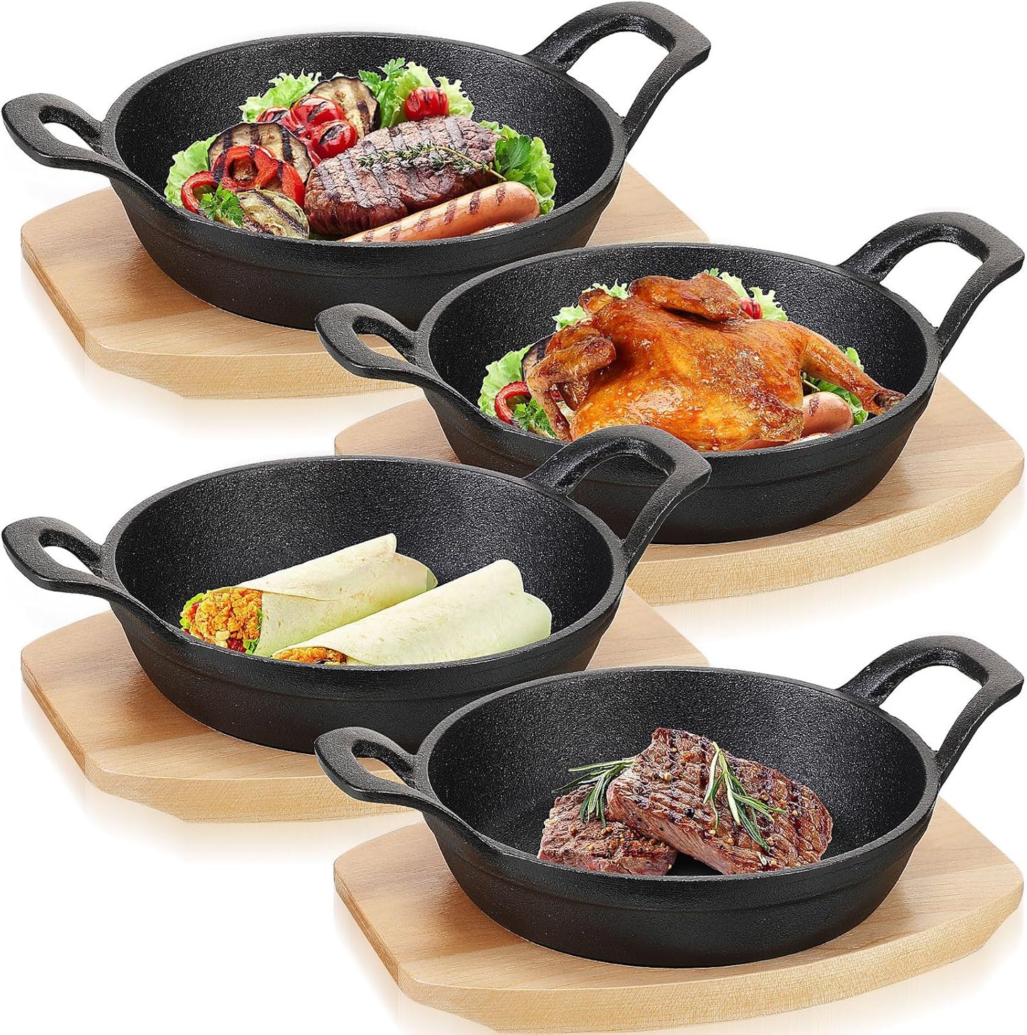 Sliner Mini Cast Iron Skillet Set with Wooden Base for Cooking