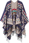 Women's Printed Tassel Open Front Poncho - Reversible Cozy Wrap