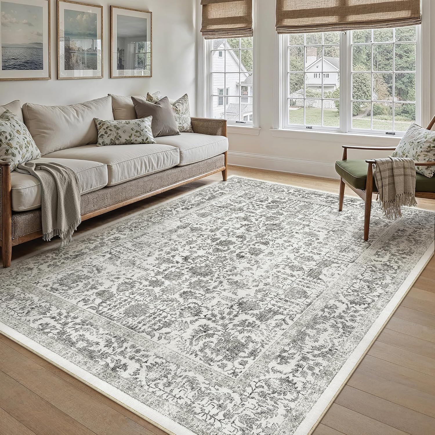 Black Area Rug 5x7 Machine Washable Vintage Living Room Carpet