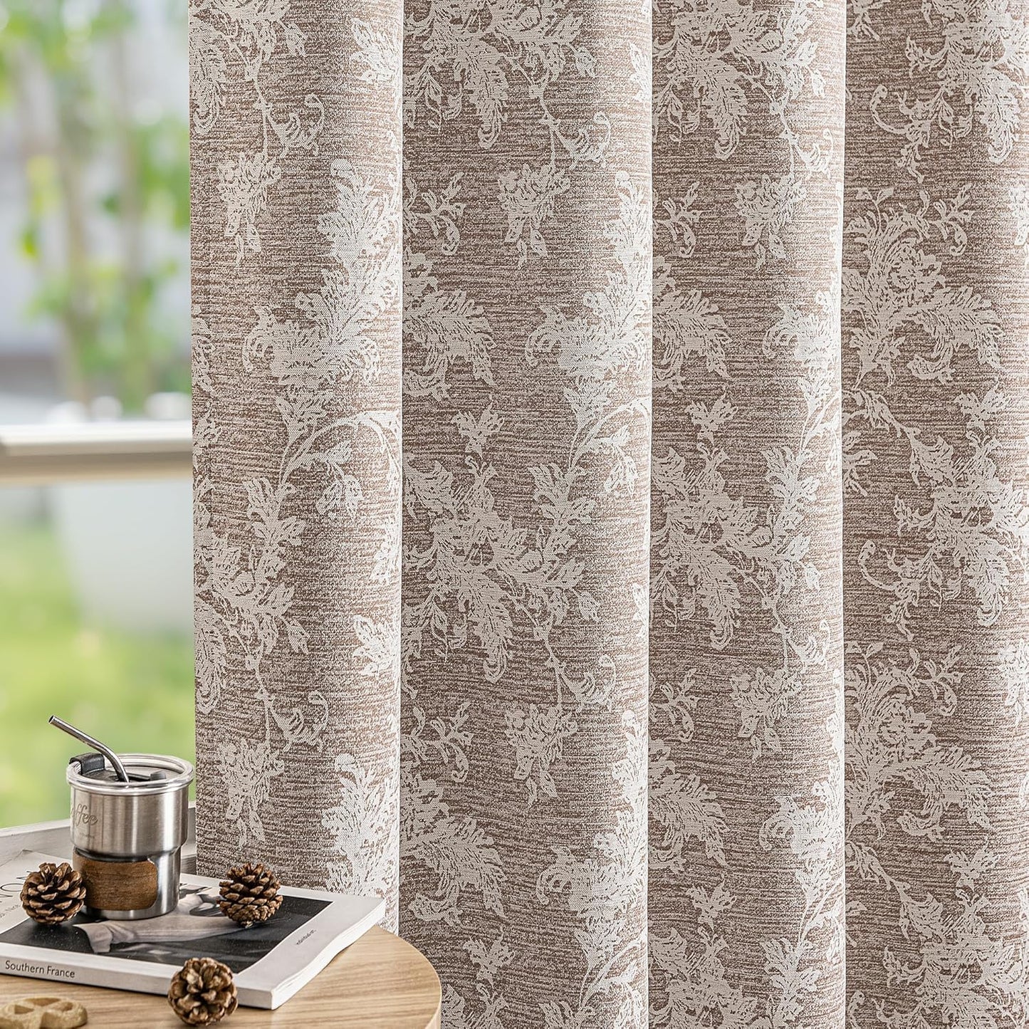 FMFUNCTEX Rust Brown Floral Jacquard Blackout Curtains 63 in