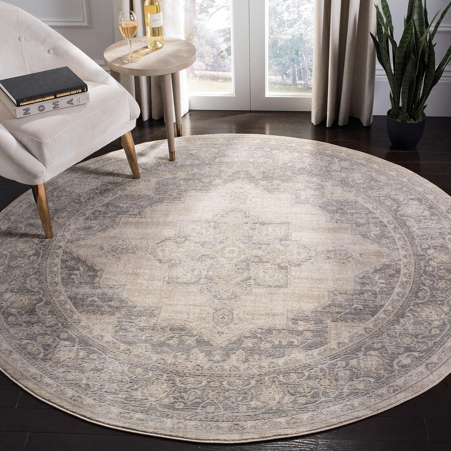 Brentwood Collection Area Rug - 9ft Round, Cream & Grey Medallion