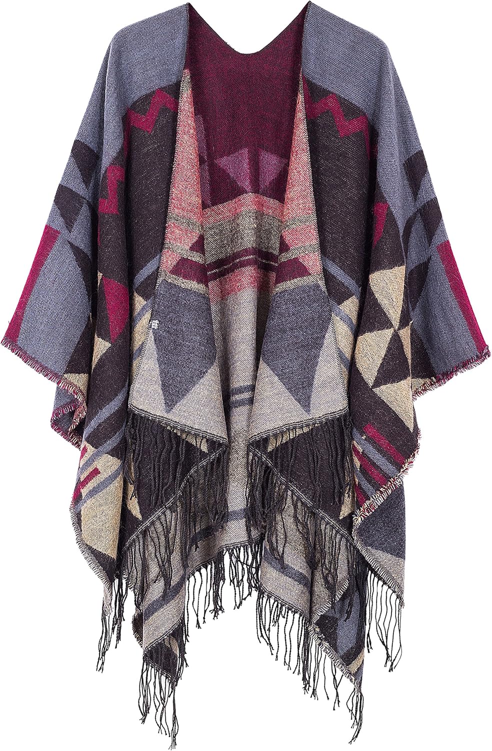 Urban CoCo Women's Printed Tassel Open Front Poncho Cape Wrap