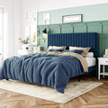 Queen Velvet Bed Frame in Navy Blue - Adjustable Channel Headboard