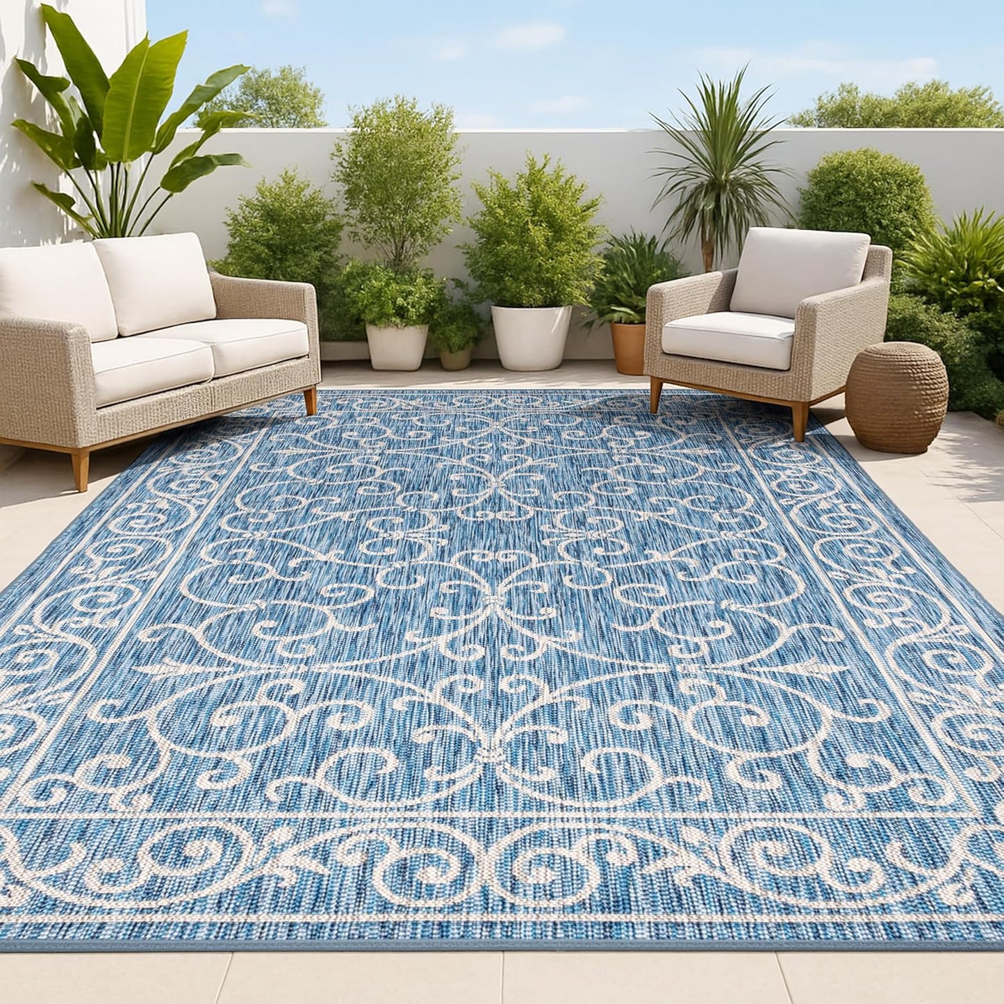 Vintage Filigree Indoor Outdoor Area Rug 9X12 Navy Gray