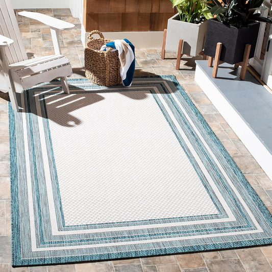 SAFAVIEH Courtyard Collection 8ft x 10ft Ivory Teal Area Rug