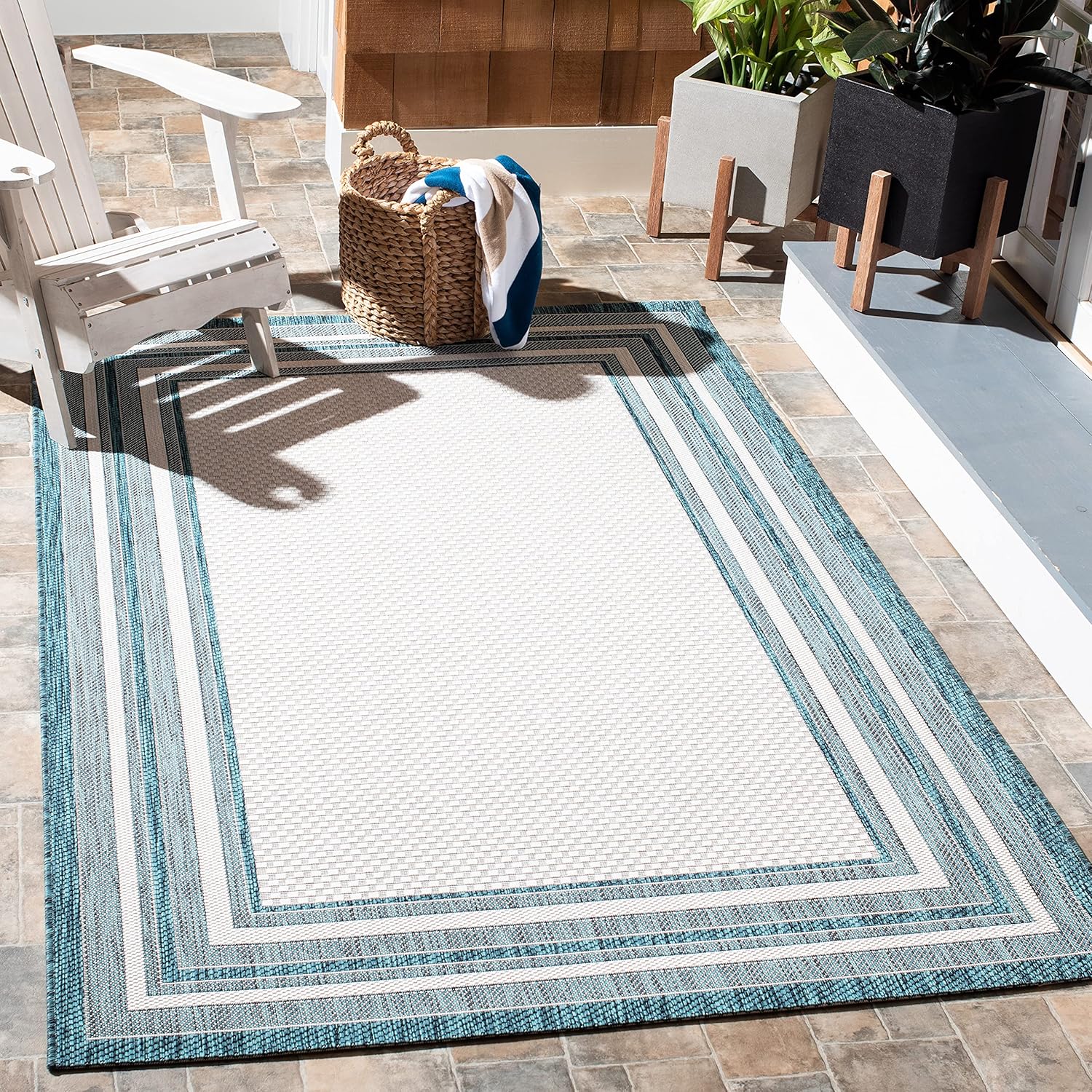 SAFAVIEH Courtyard Collection 9ft x 12ft Ivory Teal Area Rug