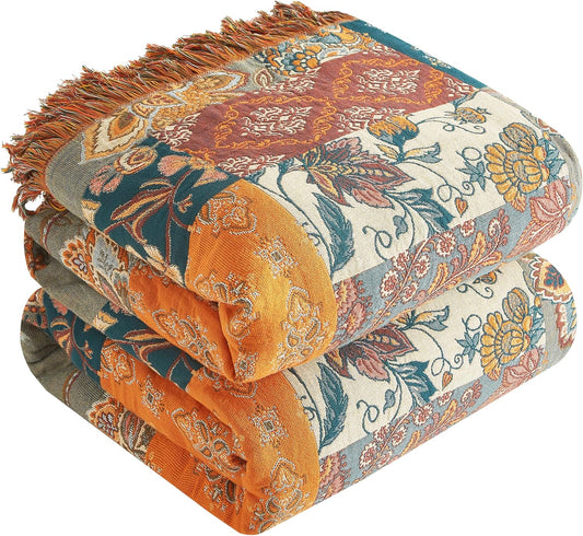 Boho Throw Blanket for Bed 80x90, Ultra Soft Cotton Quilt