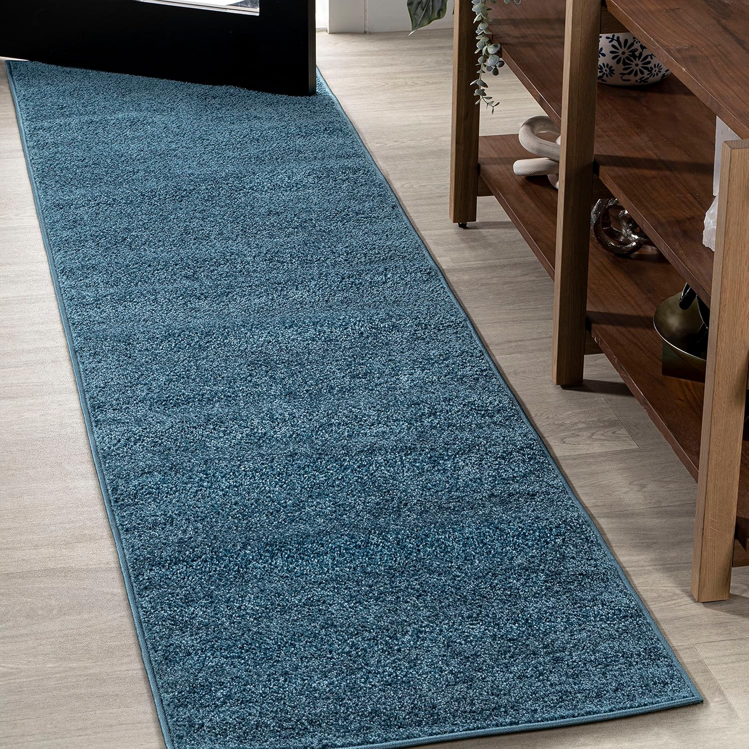 Haze Solid Low-Pile Turquoise Runner Rug for Coastal Spaces