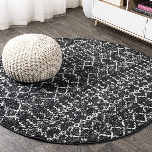 Boho Vintage Diamond Black/Ivory Round Area Rug for Home