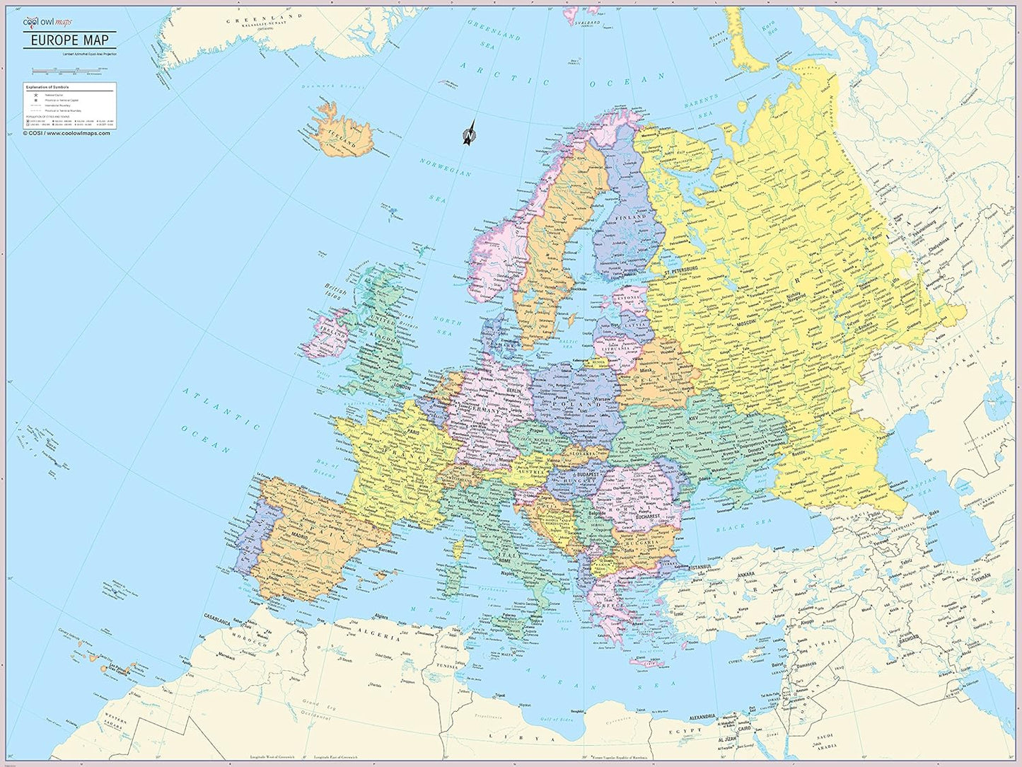 CoolOwlMaps Europe Continent Wall Map Poster - Vibrant Design