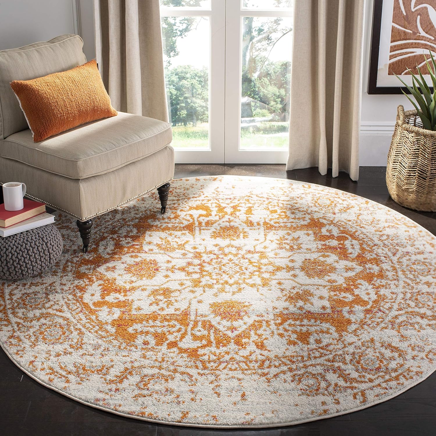 SAFAVIEH Madison Collection Area Rug - 6ft 7in Round, Orange & Ivory