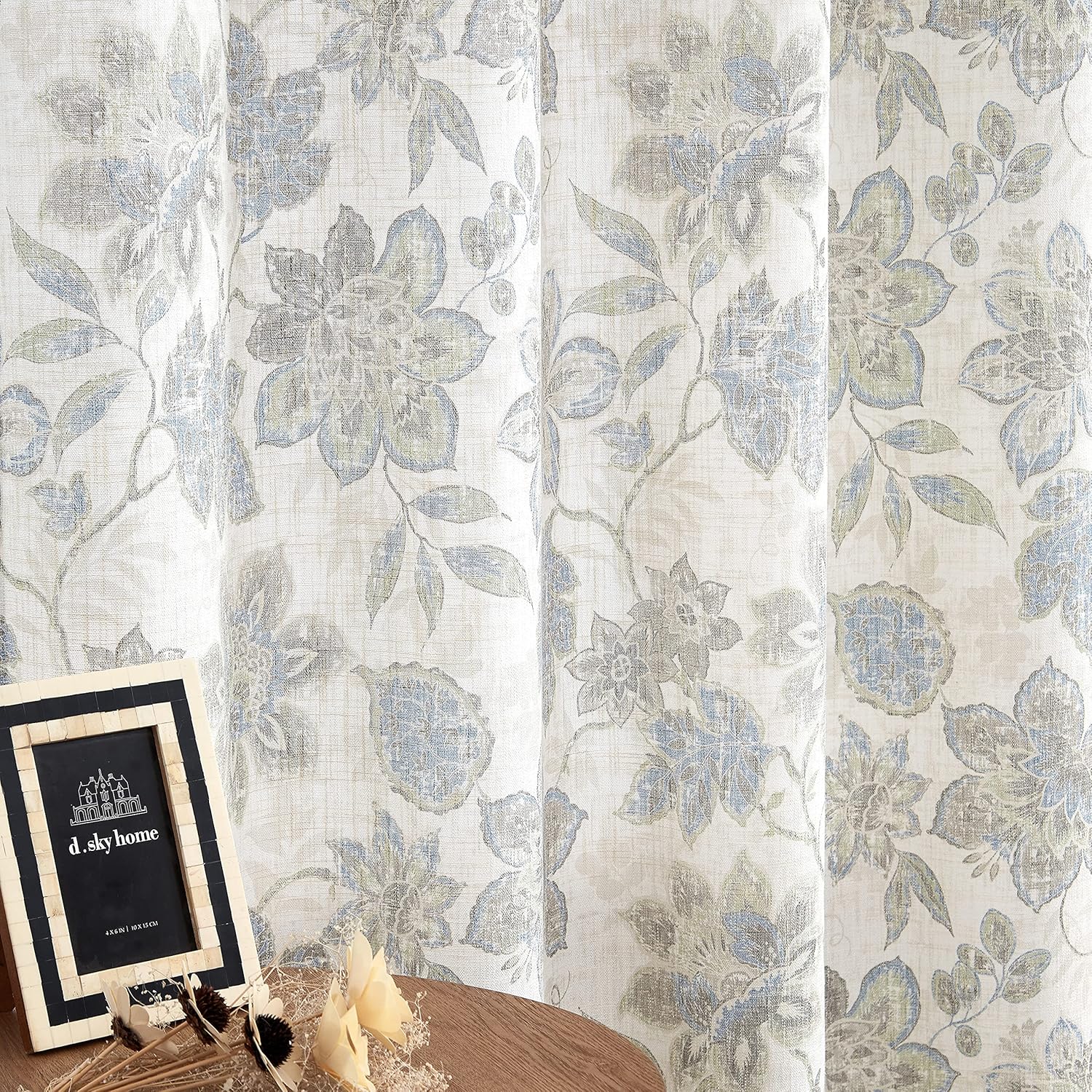 Green and Blue Floral Leaf Botanical Curtain Panel for Home