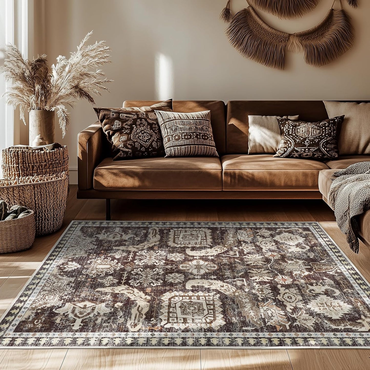 4x6 ft Washable Area Rug, Non-Slip Indoor/Outdoor Brown Boho