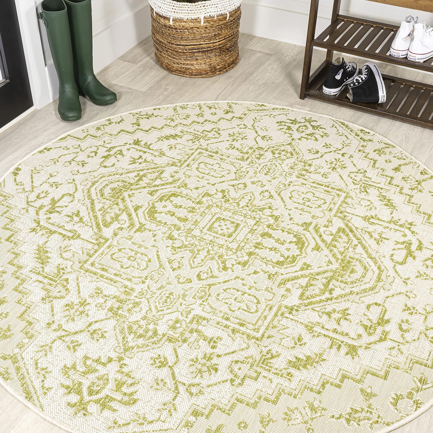 Boho Medallion Indoor Outdoor Round Area Rug 5 Ft Cream Green