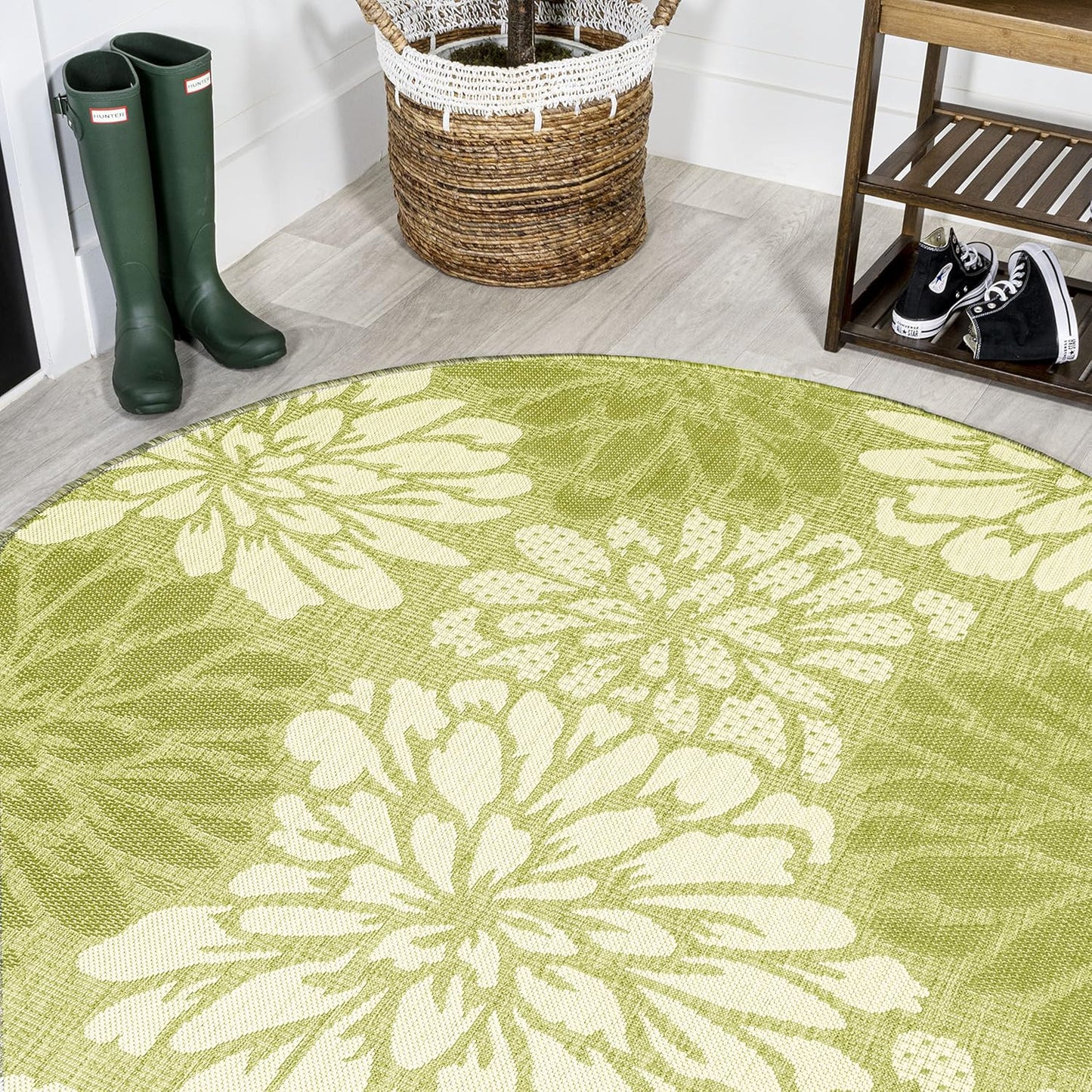 Floral Textured Weave Indoor Outdoor Round Area Rug 5 Ft Green