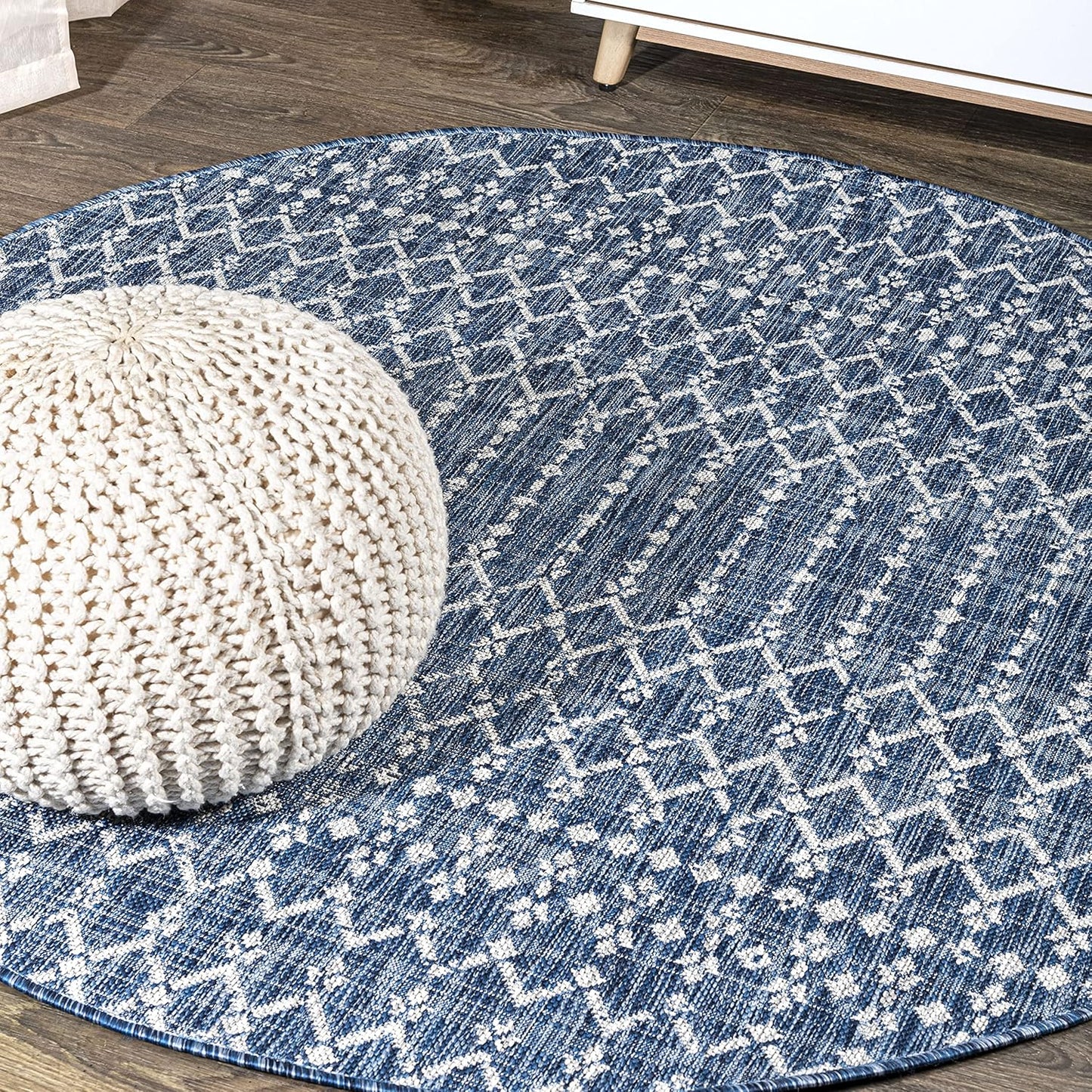 Moroccan Geometric Indoor Outdoor Round Area Rug 5 Ft Navy Gray