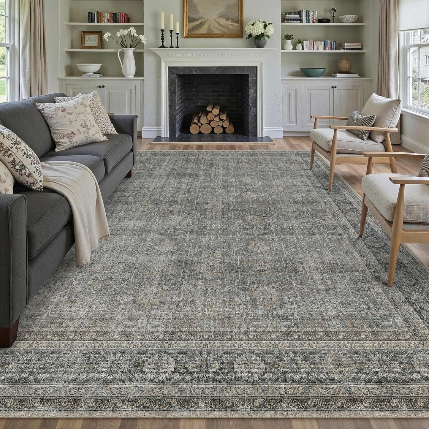 Vintage Area Rug 8x10 Grey Brown Washable for Living Room
