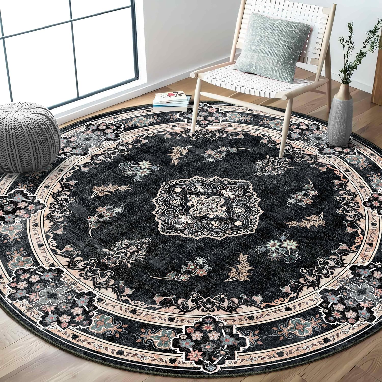 MUJOO Black Round Rug 6ft - Stylish Washable Area Rug for Home