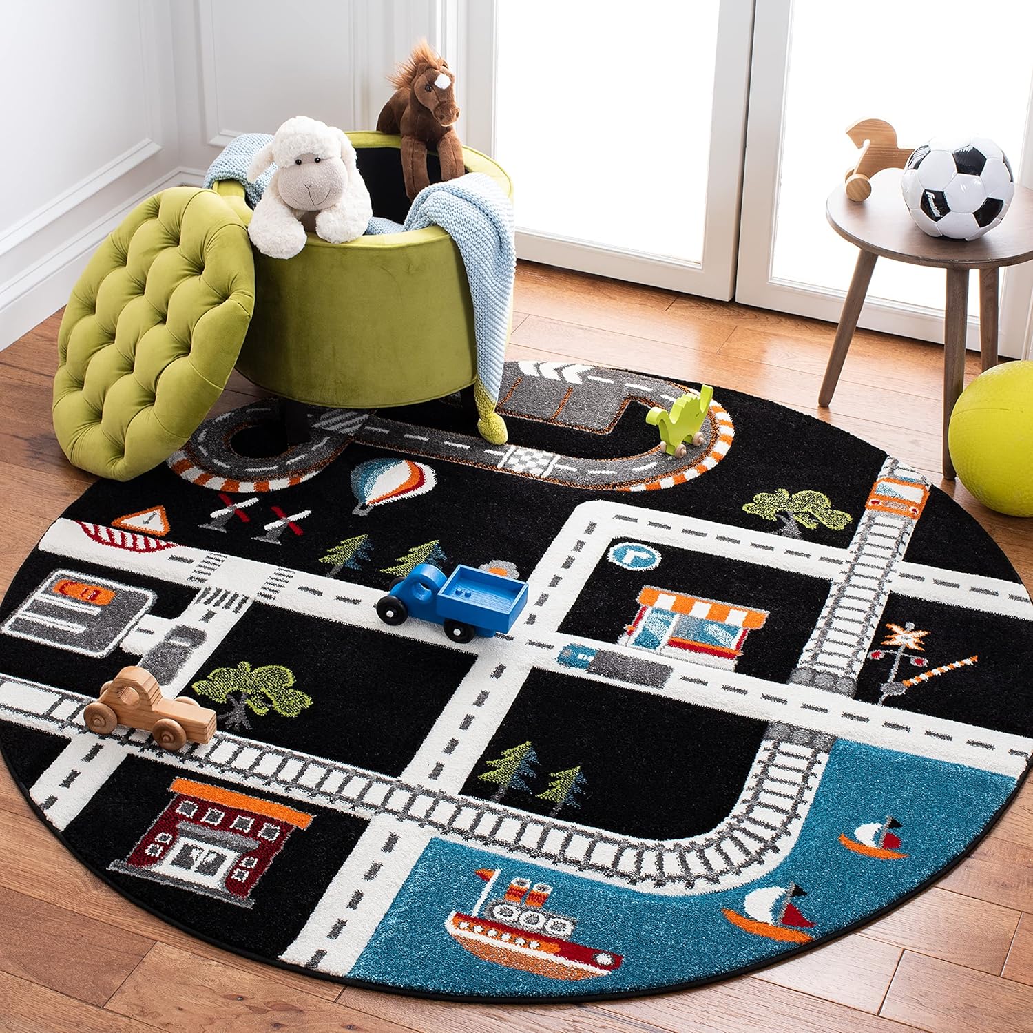 SAFAVIEH Carousel Kids Collection 3ft Round Black/Ivory Area Rug