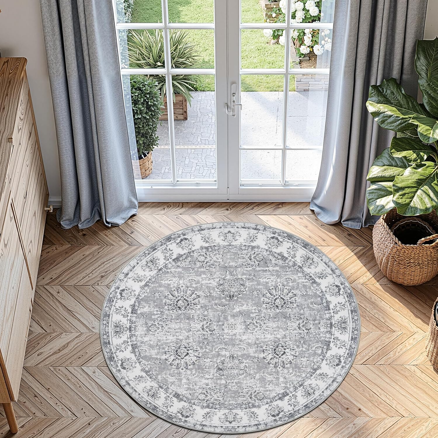 Round Area Rug 4ft Vintage Floral Design for Indoor Spaces