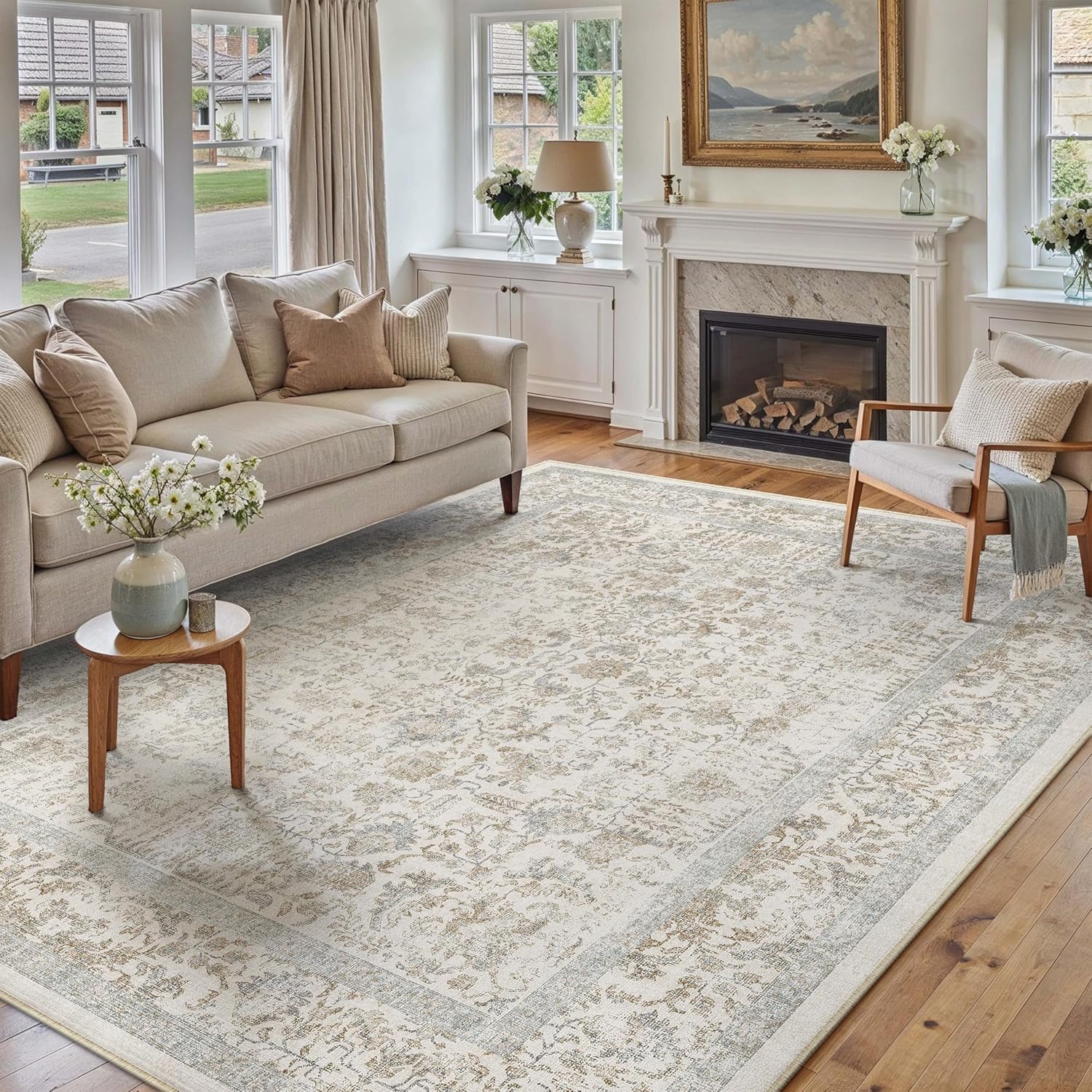 Taupe Area Rug 5x7 Vintage Machine Washable Non Slip Carpet