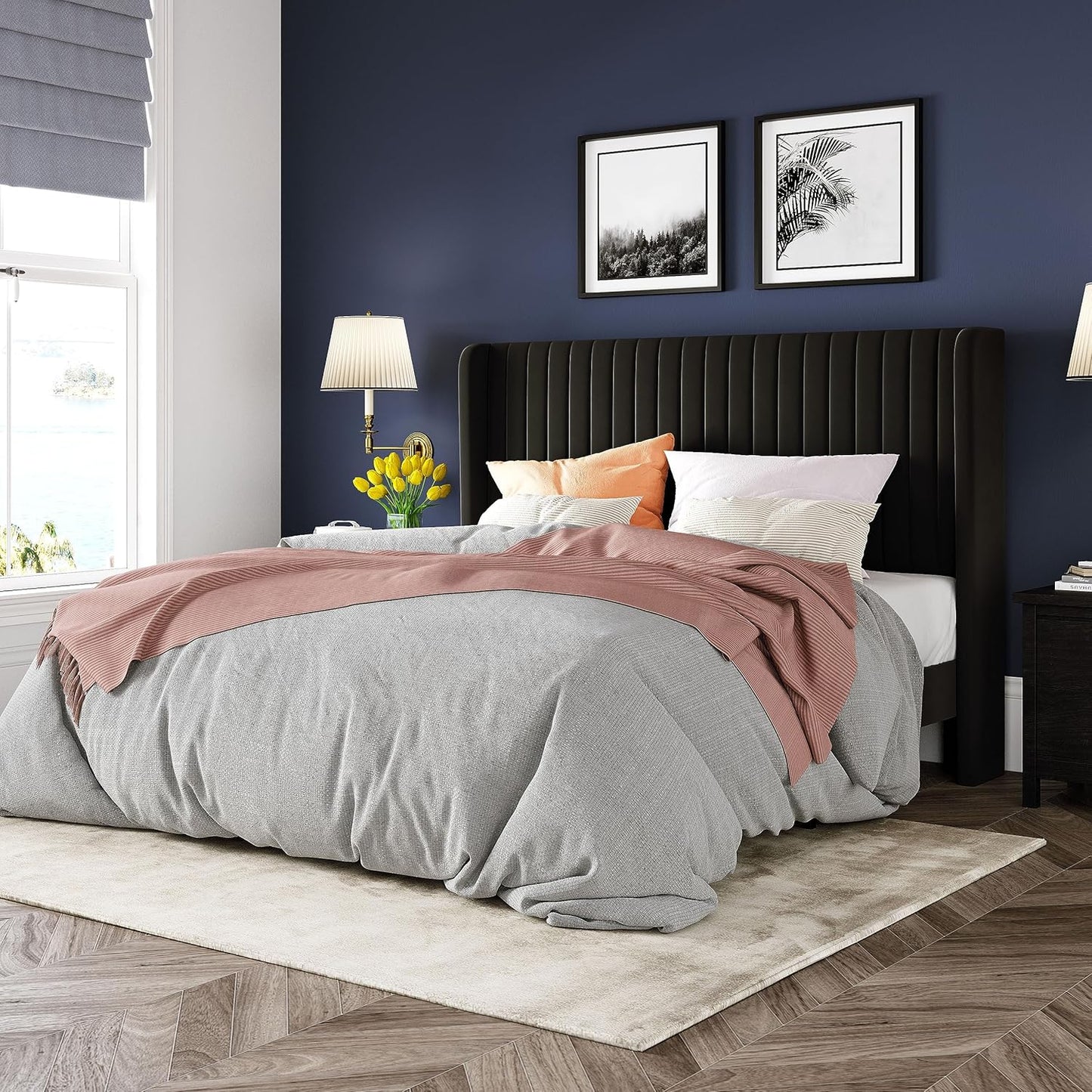 Allewie Queen Size Velvet Bed Frame with Wingback Headboard